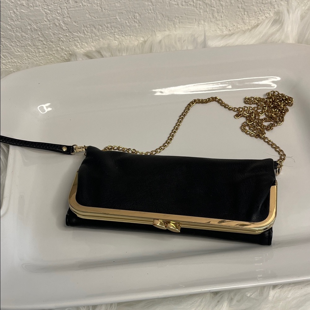 Black Clutch/Crossbody Wallet with Gold Chain